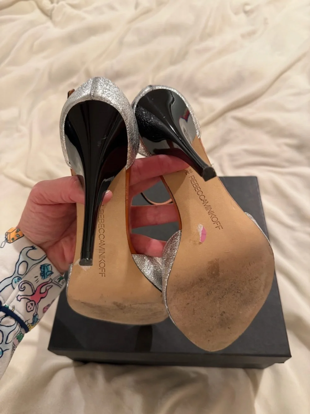 Rebecca Minkoff Ellie Silver Cracked Leather Open-Toe Ankle-Strap Heels 9M